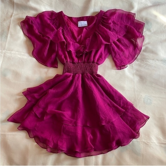 Gilner Farrar- Flutter Sleeve Smock Waist V-neck Magenta Finley Dress Size Small - Picture 5 of 9